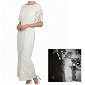 Vintage 1966 Handmade Lace Detail Wedding Dress with Detachable Bow Train Size S